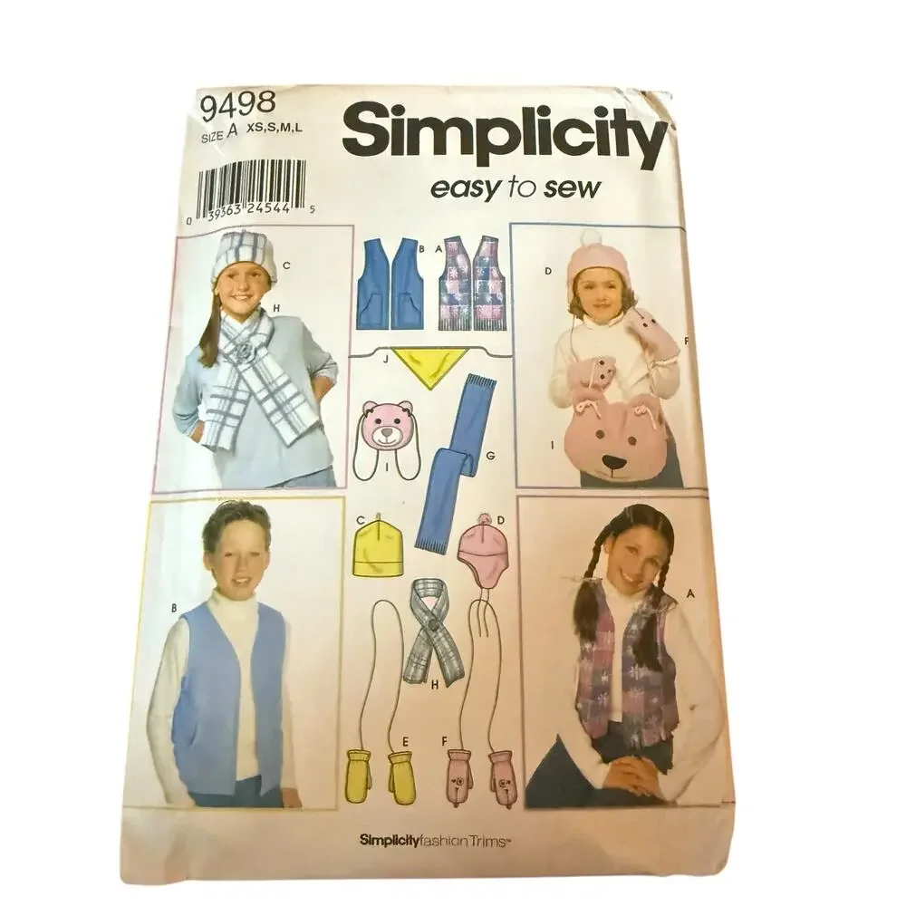 Simplicity 9498 Vest Hat Mittens‎ Scarf Bear Purse Fleece Kids Sizes XS S M L FF